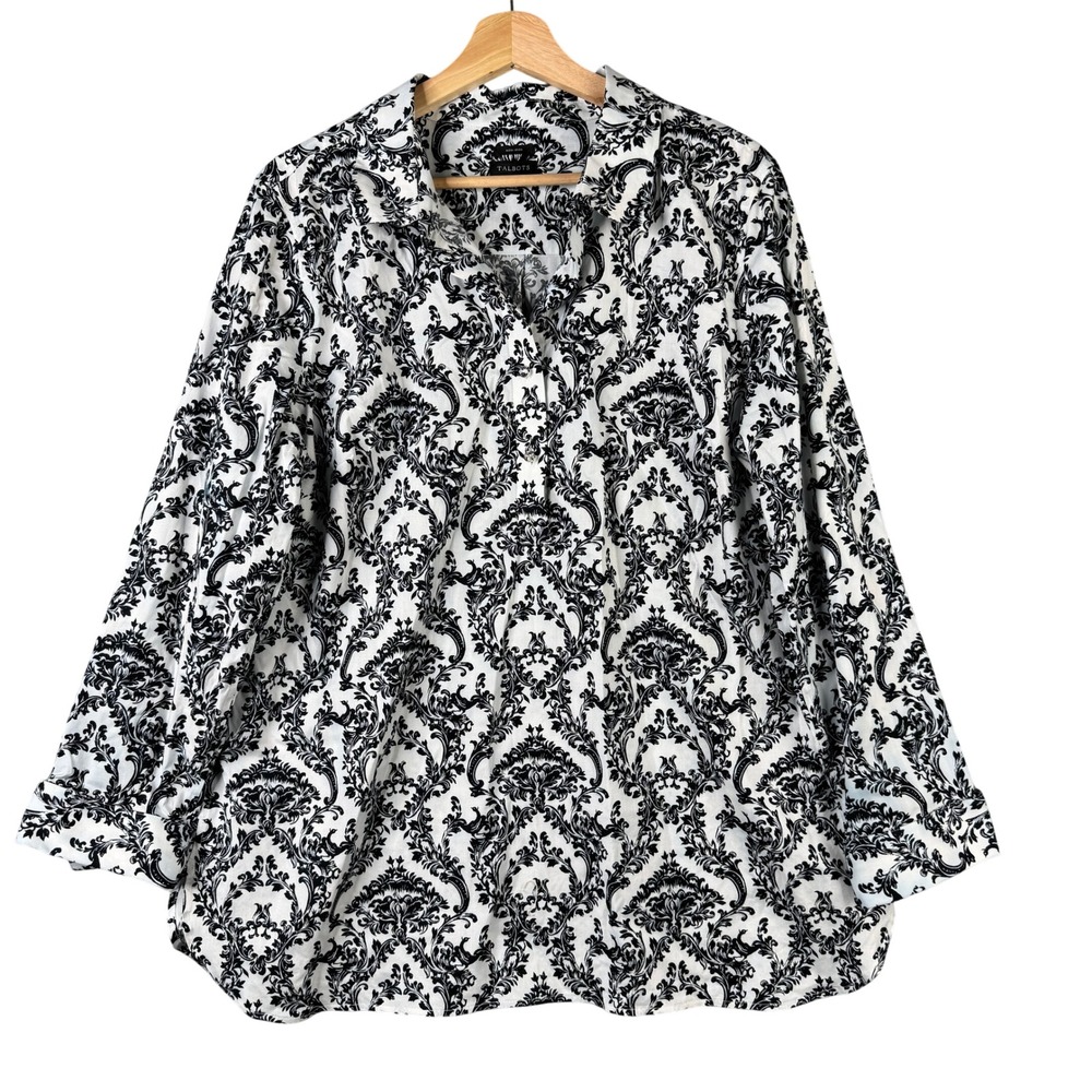 Talbots Non-Iron Damask Perfect Shirt White Black Baroque Cotton Stretch 16